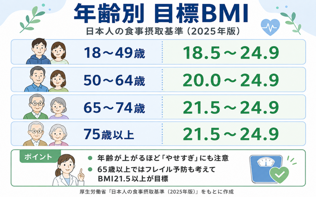「年齢別　目標BMI（日本人の食事摂取基準2025年版）」を示す表。18〜49歳は18.5〜24.9、50〜64歳は20.0〜24.9、65〜74歳と75歳以上はともに21.5〜24.9という目標BMIの範囲を年代別に示し、下部のポイント欄で「年齢が上がるほどやせすぎにも注意」「65歳以上ではフレイル予防も考えてBMI21.5以上が目標」と補足している