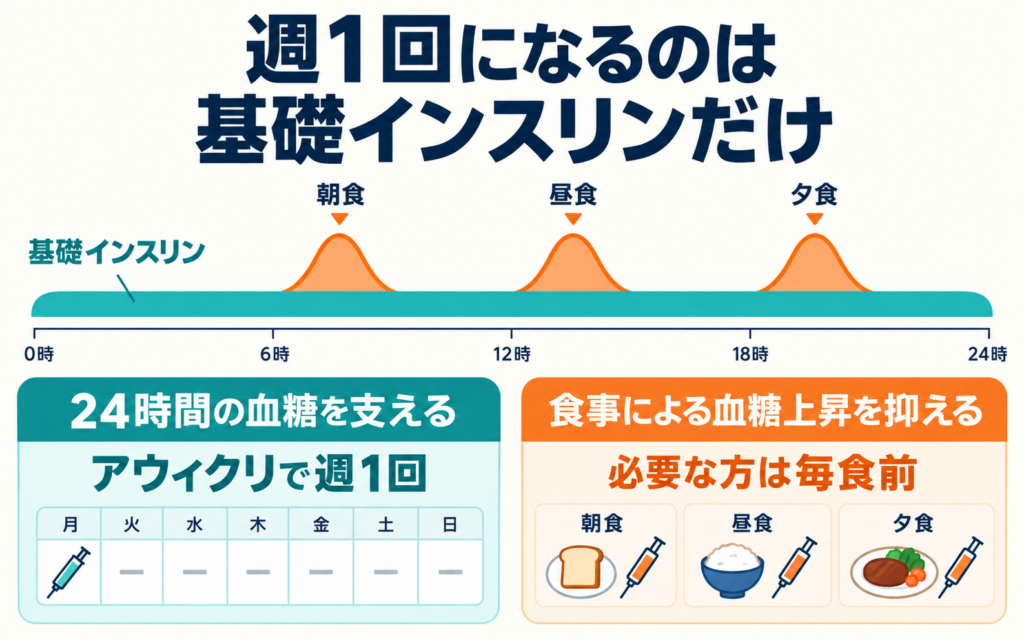 週1回になるのは基礎インスリンだけであることを示した図。24時間の血糖を支える基礎インスリンはアウィクリで週1回、食事による血糖上昇を抑える追加のインスリンは必要な方は毎食前に注射することを表している