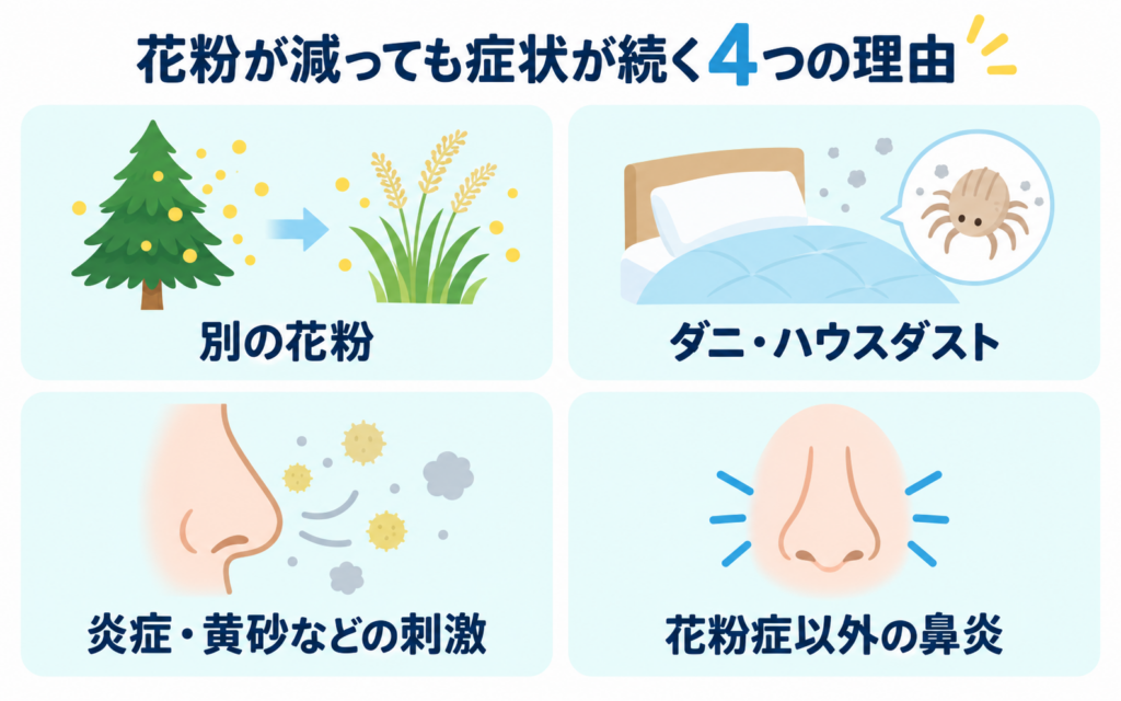 花粉が減っても症状が続く理由を示した図解。別の花粉への反応、ダニ・ハウスダスト、粘膜の炎症や黄砂などの刺激、花粉症以外の鼻炎の4つをイラストで示している