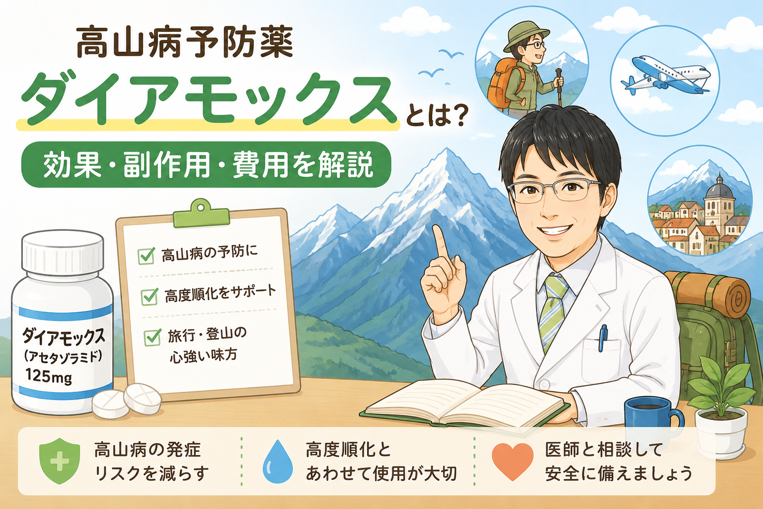 高山病予防薬ダイアモックス（アセタゾラミド）の紹介画像。医師のイラストとともに、高山病の予防・高度順化のサポート・旅行や登山時の心強い味方であることを紹介している