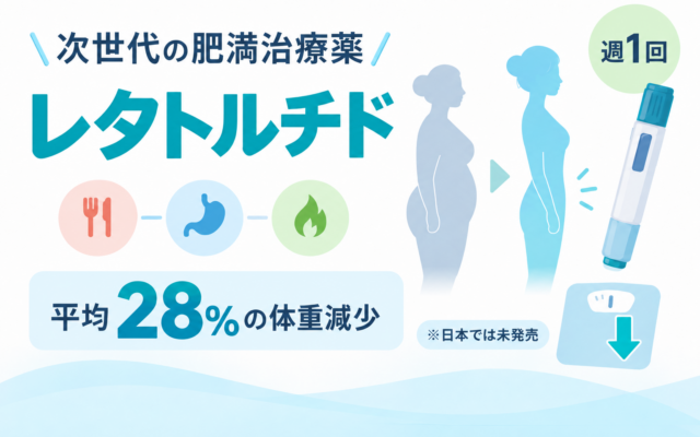 次世代の肥満治療薬レタトルチドを解説するアイキャッチ画像。週1回注射、平均28％の体重減少、日本では未発売であることを示している。