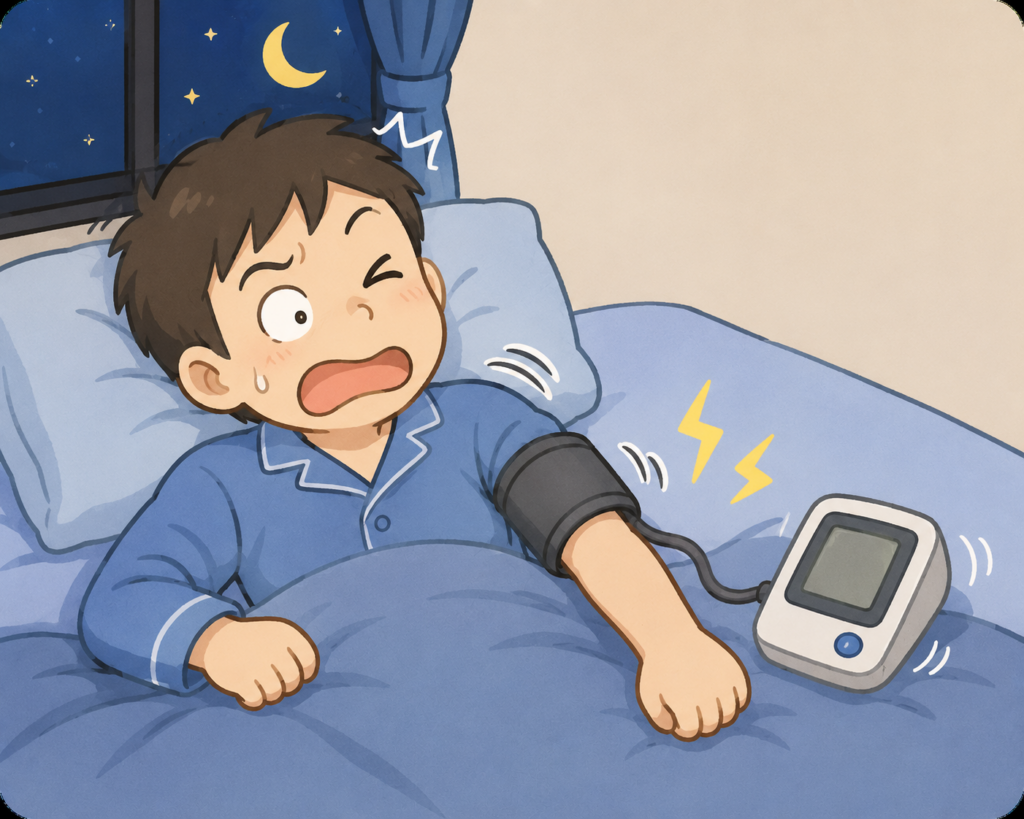 夜、就寝中に自動血圧計の測定で腕を締め付けられて驚いている男性のイラスト