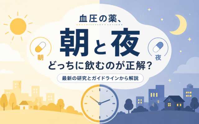 「血圧の薬、朝と夜どっちに飲むのが正解？最新の研究とガイドラインから解説」というタイトルを、朝（太陽と黄色の光）と夜（月と紺色の空）で左右に分けたデザインで表現したアイキャッチ画像