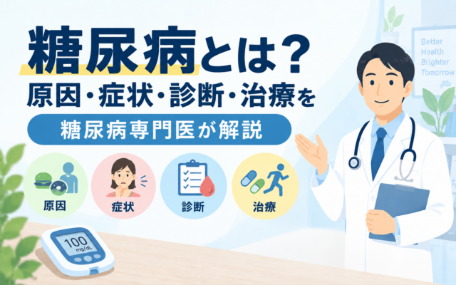 糖尿病とは？原因・症状・診断・治療を糖尿病専門医が解説するアイキャッチ画像。血糖測定器と、原因・症状・診断・治療の4つのアイコン、説明する医師のイラスト