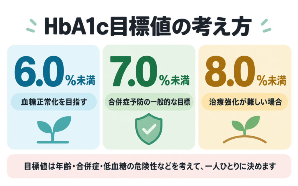 HbA1c目標値の考え方。血糖正常化を目指す6.0%未満、合併症予防の一般的な目標である7.0%未満、治療強化が難しい場合の8.0%未満の3つを並べ、年齢や合併症、低血糖の危険性を考えて一人ひとり決めることを示した図