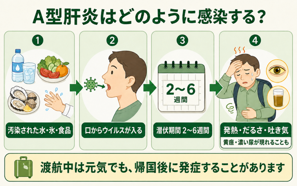 A型肝炎の感染経路を4段階で示す図。①汚染された水・氷・食品、②口からウイルスが入る、③潜伏期間2〜6週間、④発熱・だるさ・吐き気や黄疸などの症状という流れとともに、渡航中は元気でも帰国後に発症することがあると説明している