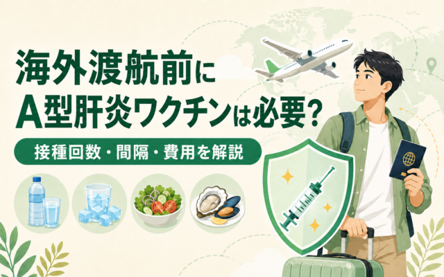 海外渡航前のA型肝炎ワクチンについて、パスポートとスーツケースを持つ渡航者と予防接種シールドのイラスト。汚染されやすい水・氷・生野菜・貝類のアイコンとともに、接種回数・間隔・費用を解説する記事であることを示している