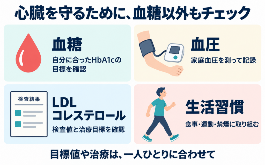心臓を守るために血糖以外もチェックすることを示した図。血糖は自分に合ったHbA1cの目標を確認、血圧は家庭血圧を測って記録、LDLコレステロールは検査値と治療目標を確認、生活習慣は食事・運動・禁煙に取り組む。目標値や治療は一人ひとりに合わせる