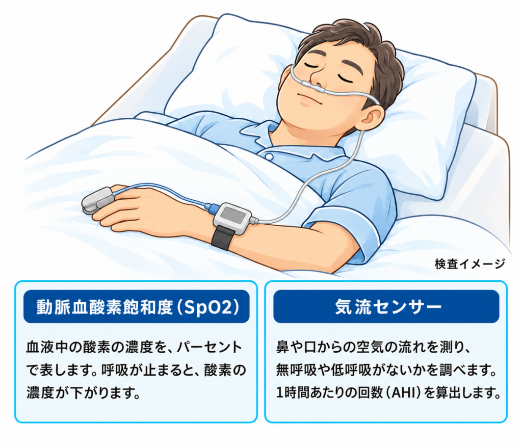 自宅で行う睡眠時無呼吸症候群の簡易検査のイメージ。眠っている人の指先に血液中の酸素の濃度を測るセンサー、鼻に呼吸の流れを測る気流センサーを付け、手首の記録機器につないでいる。動脈血酸素飽和度(SpO2)と気流センサーの説明が添えられている