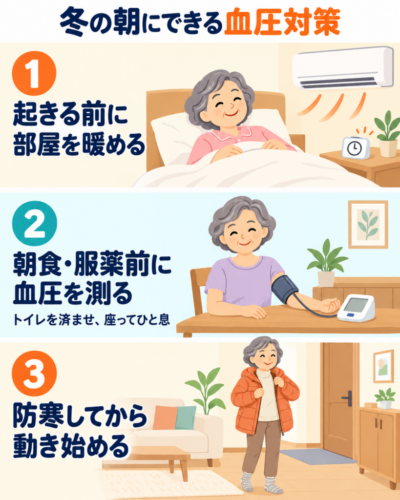 冬の朝にできる血圧対策を3つの習慣で示したイラスト。起きる前に部屋を暖める、トイレを済ませて座ってから朝食・服薬前に家庭血圧を測る、上着や靴下で防寒してから動き始める様子を描いている